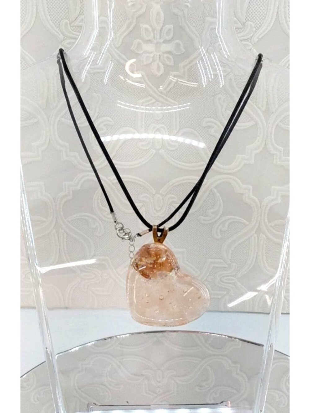 Fused Glass Pink Heart with Dichroic Flakes- Handmade Jewelry Necklace Pendant w